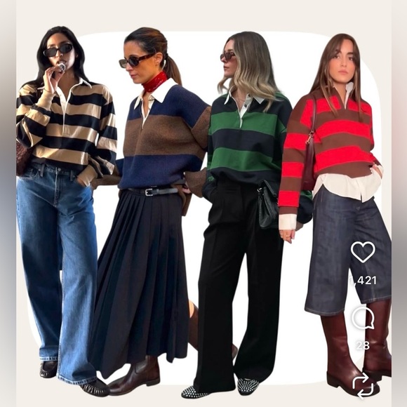 NWOT VENROY Striped Jersey Polo Striped Retro Rugby Long Sleeve Cropped Top L - Picture 3 of 7